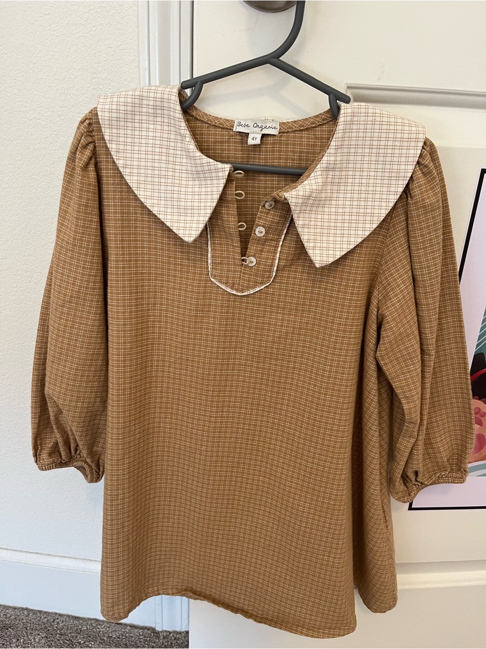 Bebe Organic Girls Brown Plaid Peter Pan Collar Blouse 4Y